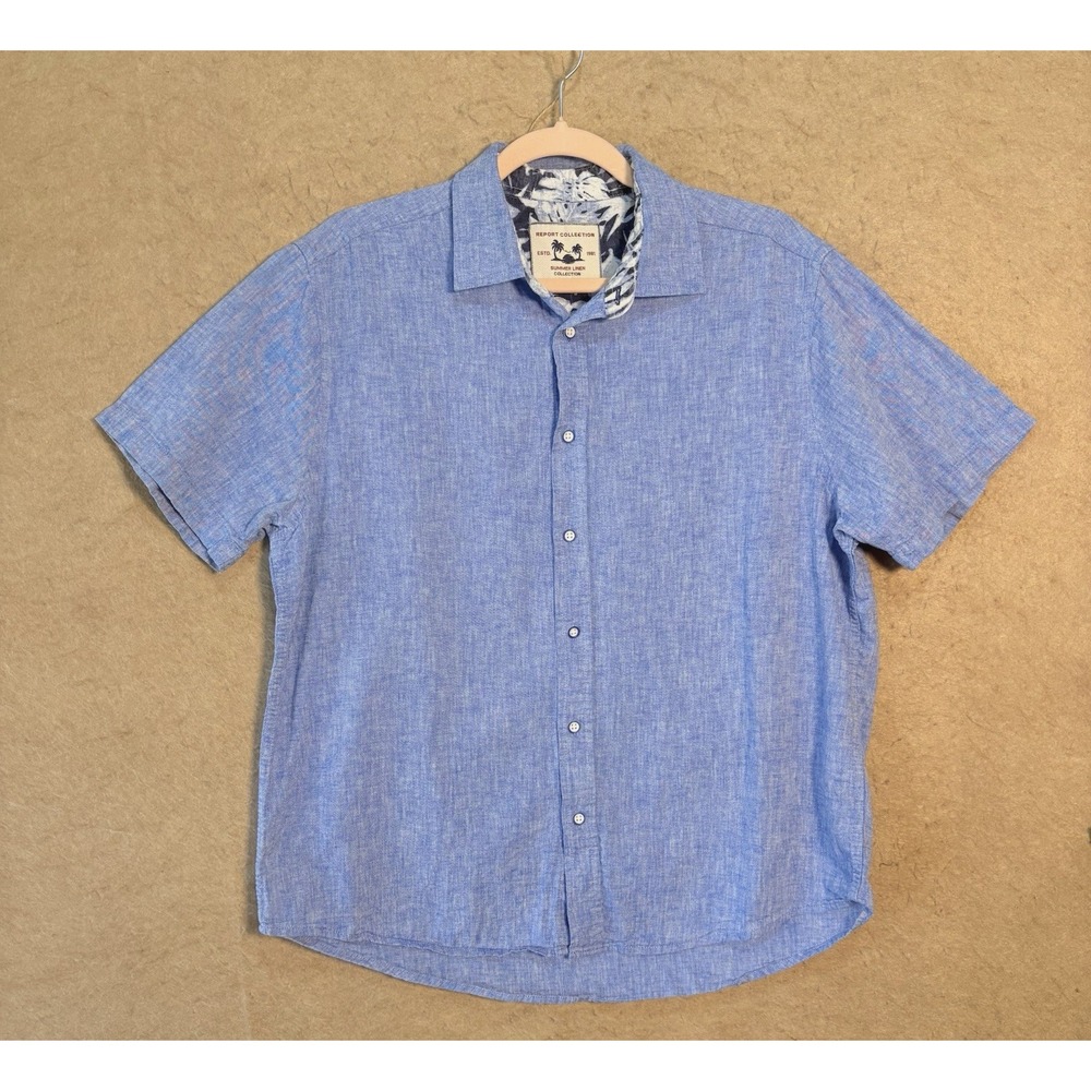 Report Collection Linen Blend Shirt Mens Sz L Blue Short Sleeve Lightweight‎